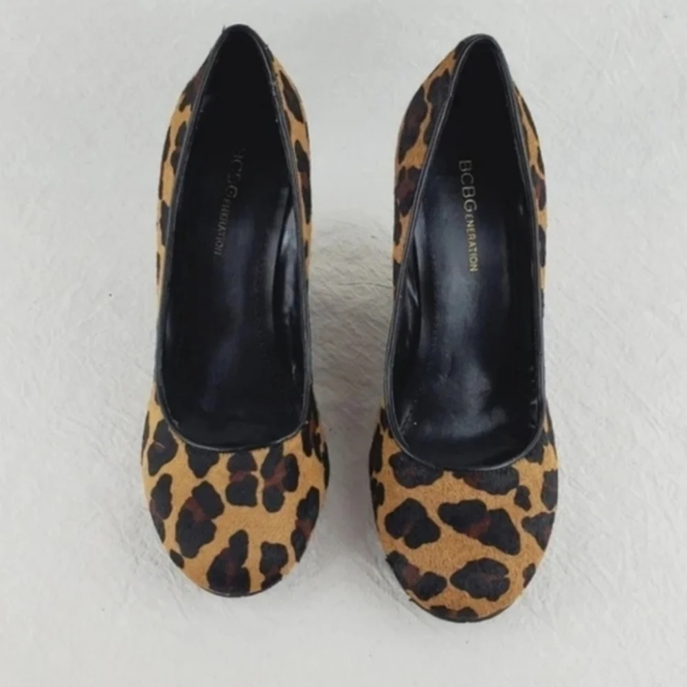 BCBGeneration leapard print real cow fur wedge shoes 6.5